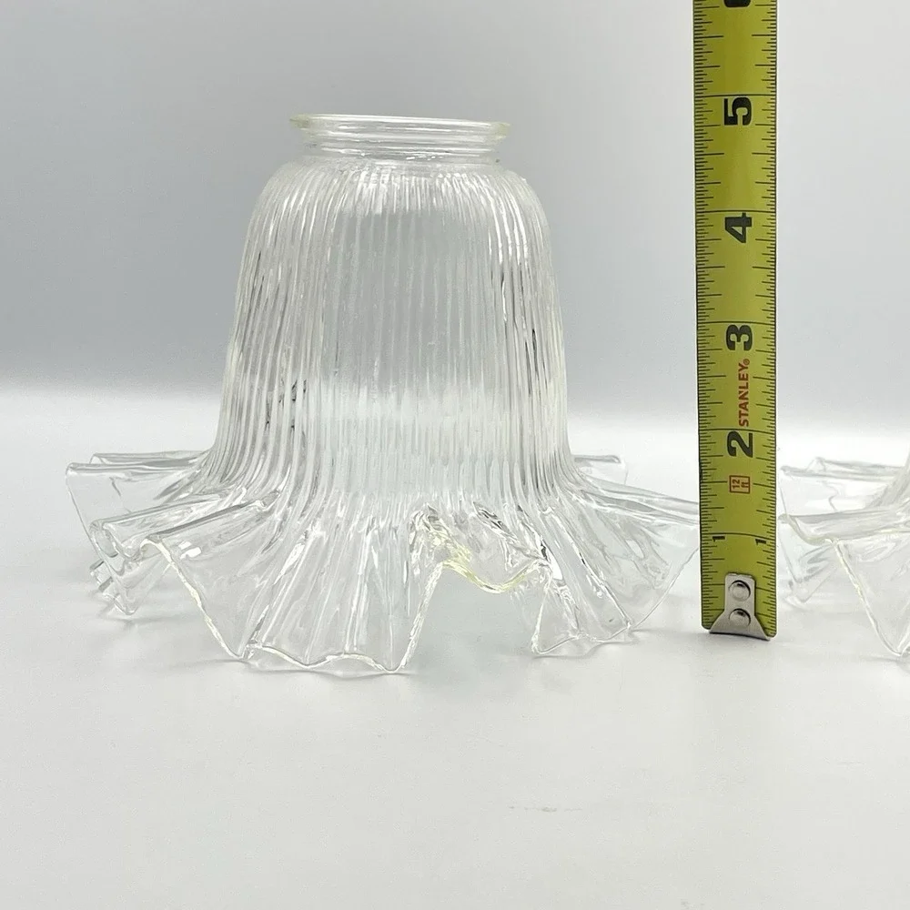 Vintage 1980s Clear Ribbed‎ Glass Lamp Shades Ruffled Edge 2